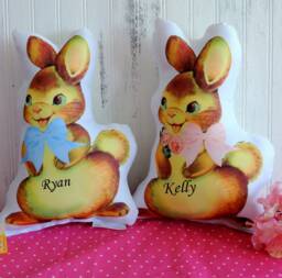 Personalized Easter Bunny Rabbit Pillow, Vintage Inspired Decor, Cute Baby Gift, Huggable, Candy Alternative Gift - thumbnail 1