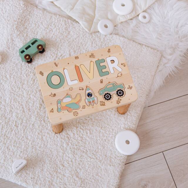 Toddler Boy Step Stool. Wooden Name Puzzle. Personalized Baby Gift. Nursery Decor. Montessori Board. 1 2 3 Years Old. Custom Gifts For Kids - image 1