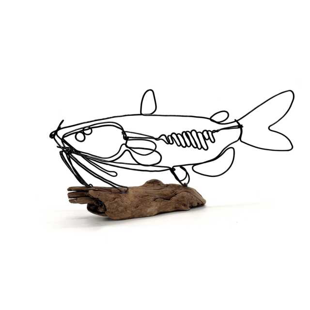 Catfish Wire Sculpture On Driftwood, Steel Fish Art, Minimalist Home Decor - image 1
