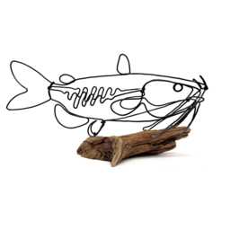 Catfish Wire Sculpture On Driftwood, Steel Fish Art, Minimalist Home Decor - thumbnail 2