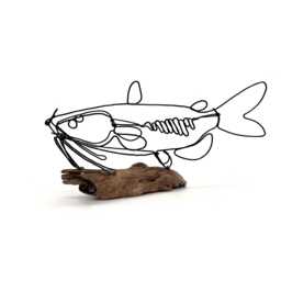 Catfish Wire Sculpture On Driftwood, Steel Fish Art, Minimalist Home Decor