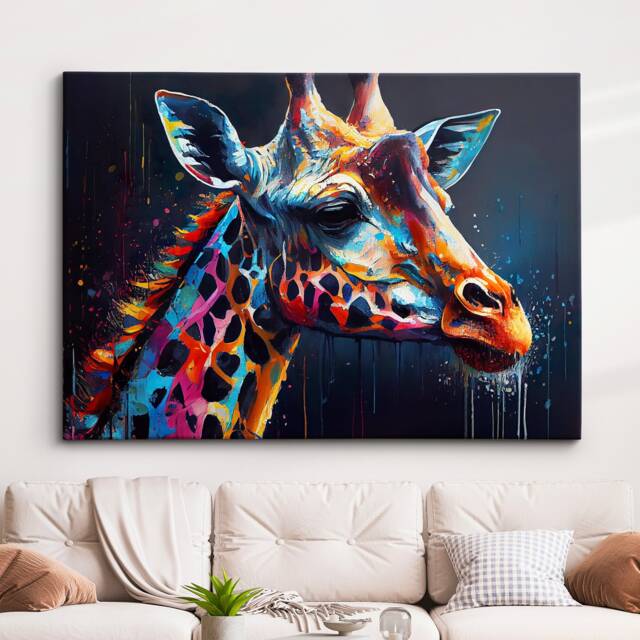 Colorful Giraffe Head Abstract Oil Painting Splatter Style Wall Art, Framed Canvas Poster Print, Home Kitchen Office Room Decor, Gifts - image 1