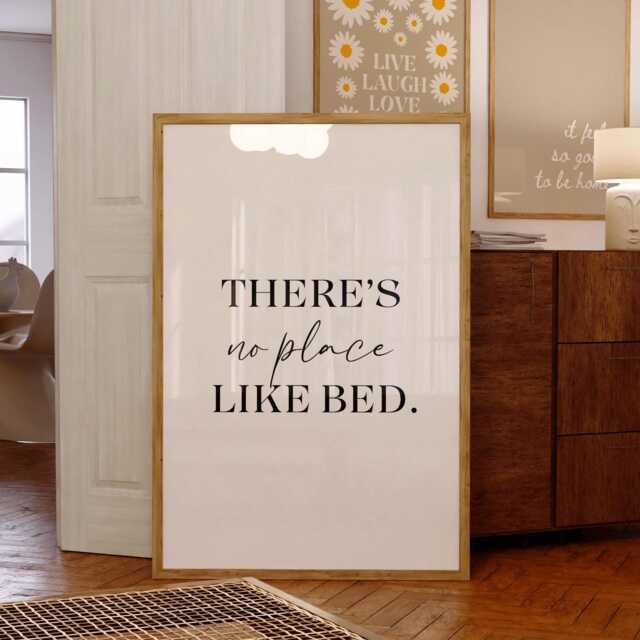 There's No Place Like Bed Print Minimalist Simply Black & White Poster, Bedroom Decor, Above Wall Art - image 1