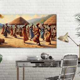 African Ladies Dancing in A Traditional Village Mounted Canvas Print Ready To Hang - thumbnail 3
