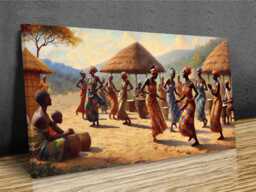 African Ladies Dancing in A Traditional Village Mounted Canvas Print Ready To Hang - thumbnail 1