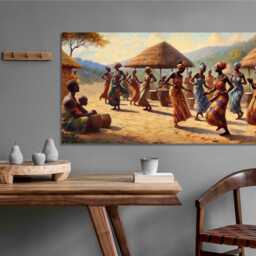 African Ladies Dancing in A Traditional Village Mounted Canvas Print Ready To Hang - thumbnail 2