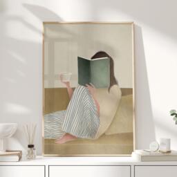 Reading On The Sofa Print, Neutral Minimalist Wall Art, Book Lover Illustration, Coffee Mug Poster, Living Room Decor - thumbnail 1