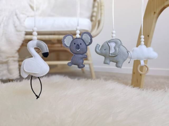 Set Of Baby Gym Toys, Monochrome Felt Hanging Animals, Nursery Decor - image 1