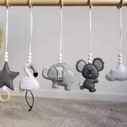 Set Of Baby Gym Toys, Monochrome Felt Hanging Animals, Nursery Decor - thumbnail 2