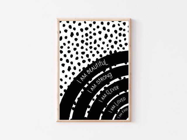 Affirmation Print - Monochrome Dalmatian Spots I Am Kind Strong Gifts Playroom Nursery Children's Bedroom Art
