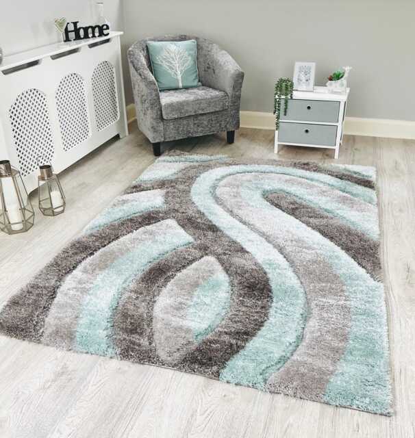 New Silky Soft Duck Egg Blue, Grey, Silver, Tufted Swirl 3D Design Rug - image 1