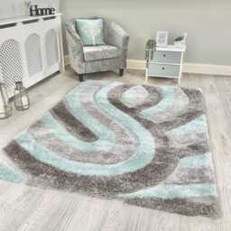 New Silky Soft Duck Egg Blue, Grey, Silver, Tufted Swirl 3D Design Rug - thumbnail 2