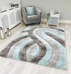 New Silky Soft Duck Egg Blue, Grey, Silver, Tufted Swirl 3D Design Rug