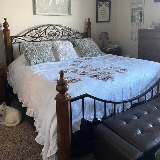 Shabby Chic Bedding - Linen Bed Cover Mandala Inspired Lotus Rose Dahlia Flower Applique-Bohemian Bedding Queen King Bedspread Nurdanceyiz - image 1