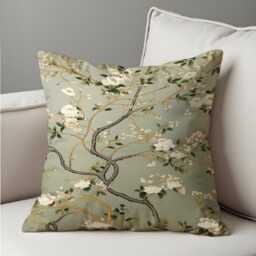 Sage Green Floral Cushion Cover, Botanical Pillow Case, Soft Decorative Throw Modern Sofa Home Decor - thumbnail 1