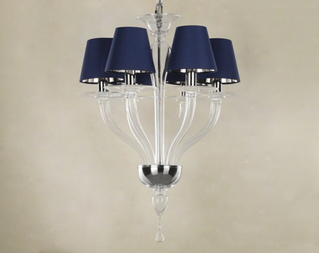 Handmade Pure Crystal Color Murano Glass Chandelier With Blue Silk Lampshades, 6 Lights, Handmade Made in Italy - image 1