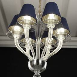 Handmade Pure Crystal Color Murano Glass Chandelier With Blue Silk Lampshades, 6 Lights, Handmade Made in Italy - thumbnail 3