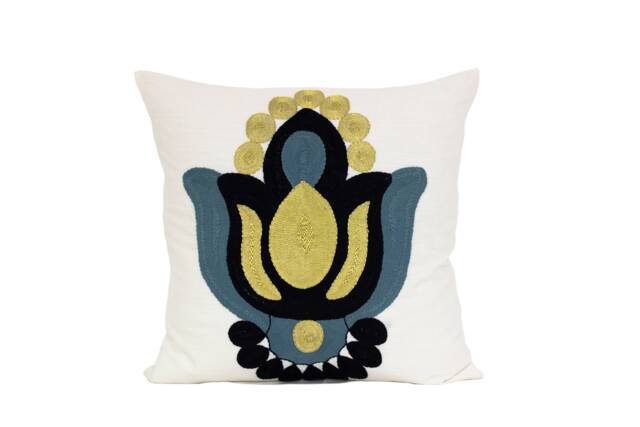 Lotus Embroidered Pillow-Blue Grey