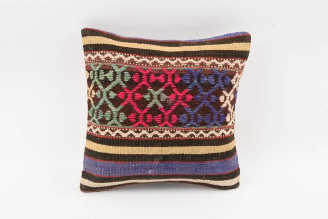 Handmade Turkish Kilim Pillow Cover Bohemian Geometric Accent, 14x14 - image 1
