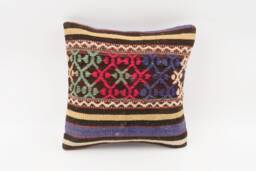 Handmade Turkish Kilim Pillow Cover Bohemian Geometric Accent, 14x14 - thumbnail 1