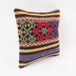 Handmade Turkish Kilim Pillow Cover Bohemian Geometric Accent, 14x14 - thumbnail 3