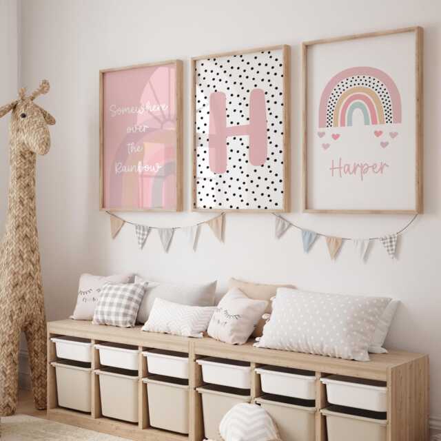 Girls Rainbow Nursery Prints Set Of 3 Dusky Pink Personalised Wall Art Decor For Room, Babys Room - image 1
