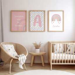 Girls Rainbow Nursery Prints Set Of 3 Dusky Pink Personalised Wall Art Decor For Room, Babys Room - thumbnail 3