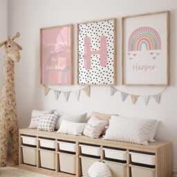 Girls Rainbow Nursery Prints Set Of 3 Dusky Pink Personalised Wall Art Decor For Room, Babys Room - thumbnail 1