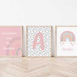 Girls Rainbow Nursery Prints Set Of 3 Dusky Pink Personalised Wall Art Decor For Room, Babys Room - thumbnail 2