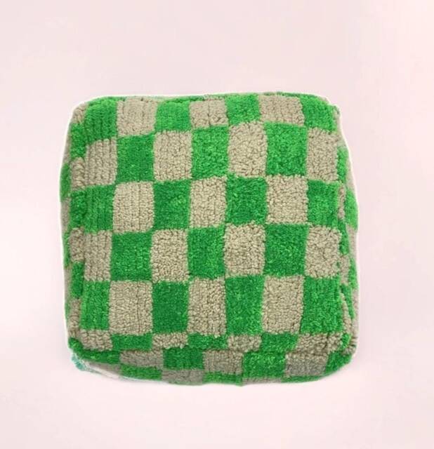 Checkered Wool Pouf Light Green Moroccan Berber Ottoman [Unstuffed] - image 1
