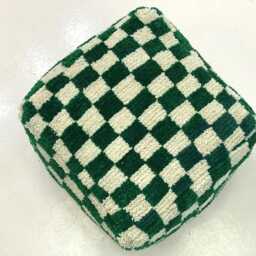 Checkered Wool Pouf Light Green Moroccan Berber Ottoman [Unstuffed] - thumbnail 4