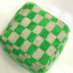 Checkered Wool Pouf Light Green Moroccan Berber Ottoman [Unstuffed] - thumbnail 2
