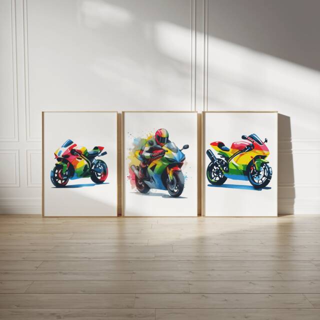 Colourful Motorbike Prints - Set Of 3 Posters - Motorbiker Wall Art Boys Room Decor Kids Motor Bike Artwork Dirt Biker Gift - image 1