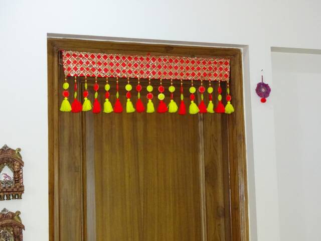 Handmade Boho Red Door Valance, Drapes, Window Valance, Indian Toran, Kitchen Valance, Handmade Curtain, Pompom Tassel Valance - image 1