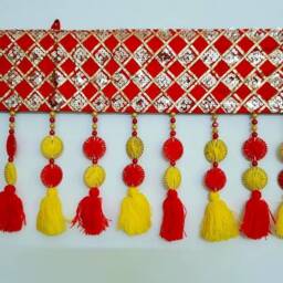 Handmade Boho Red Door Valance, Drapes, Window Valance, Indian Toran, Kitchen Valance, Handmade Curtain, Pompom Tassel Valance - thumbnail 2