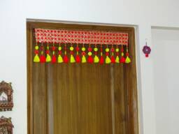 Handmade Boho Red Door Valance, Drapes, Window Valance, Indian Toran, Kitchen Valance, Handmade Curtain, Pompom Tassel Valance - thumbnail 1
