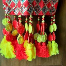 Handmade Boho Red Door Valance, Drapes, Window Valance, Indian Toran, Kitchen Valance, Handmade Curtain, Pompom Tassel Valance - thumbnail 4