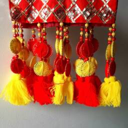 Handmade Boho Red Door Valance, Drapes, Window Valance, Indian Toran, Kitchen Valance, Handmade Curtain, Pompom Tassel Valance - thumbnail 3