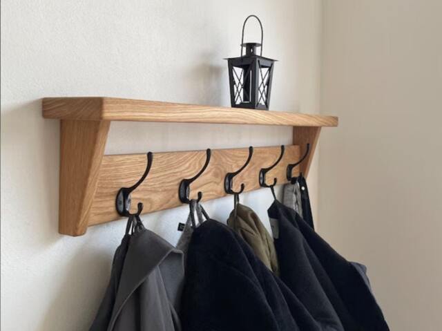 Natural Solid Oak Coat Rack With Shelf, Handmade Wooden Entryway Furniture, Cast Iron Hooks, Towel Hanger, Wall Mounted Metal Retro Classic - image 1
