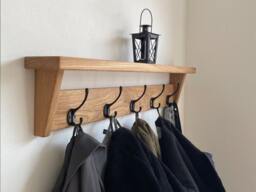 Natural Solid Oak Coat Rack With Shelf, Handmade Wooden Entryway Shelf Cast Iron Hooks, Towel Hanger, Wall Mounted Metal Retro Classic - thumbnail 1