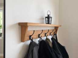 Natural Solid Oak Coat Rack With Shelf, Handmade Wooden Entryway Furniture, Cast Iron Hooks, Towel Hanger, Wall Mounted Metal Retro Classic