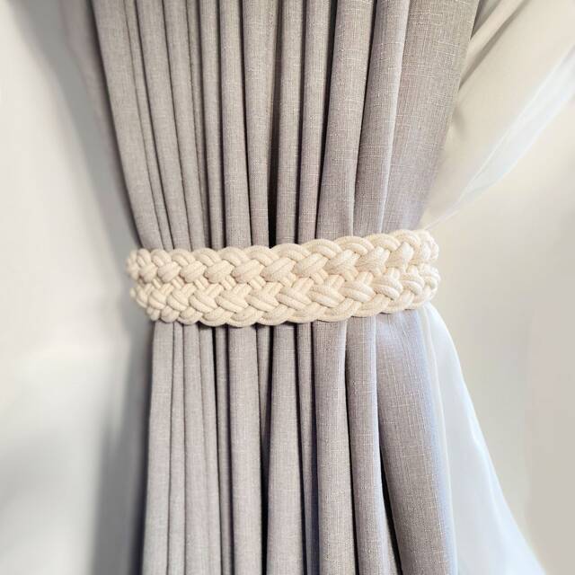 Small Braided Cotton Curtain Tie Back, Bohemian Chic Coastal Rope White Back - image 1