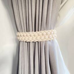 Small Braided Cotton Curtain Tie Back, Bohemian Chic Coastal Rope White Back - thumbnail 1