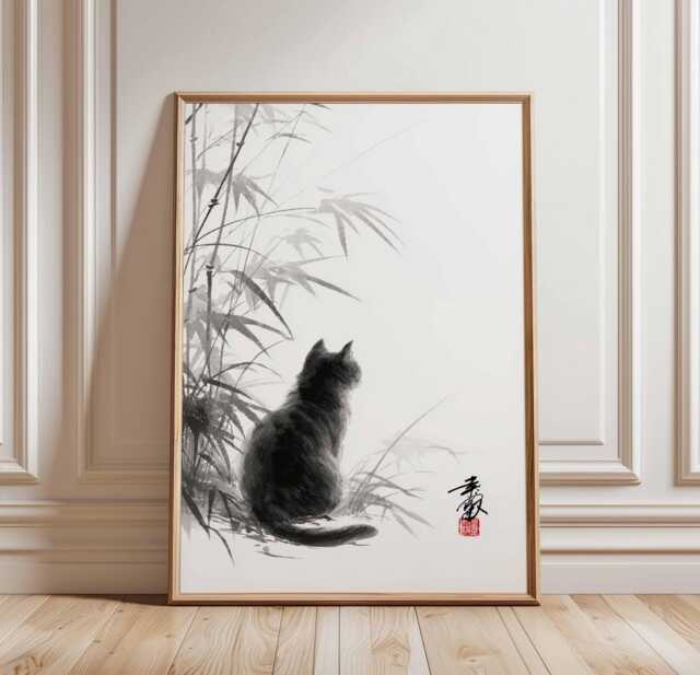Japanese Cat Art Print, Zen Wall Art, Black Ink Brush Painting, Minimalist Poster, Sumi-E Style Decor, Tranquil Animal Print - image 1