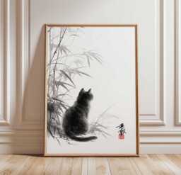 Japanese Cat Art Print, Zen Wall Art, Black Ink Brush Painting, Minimalist Poster, Sumi-E Style Decor, Tranquil Animal Print - thumbnail 1