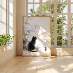 Japanese Cat Art Print, Zen Wall Art, Black Ink Brush Painting, Minimalist Poster, Sumi-E Style Decor, Tranquil Animal Print - thumbnail 3