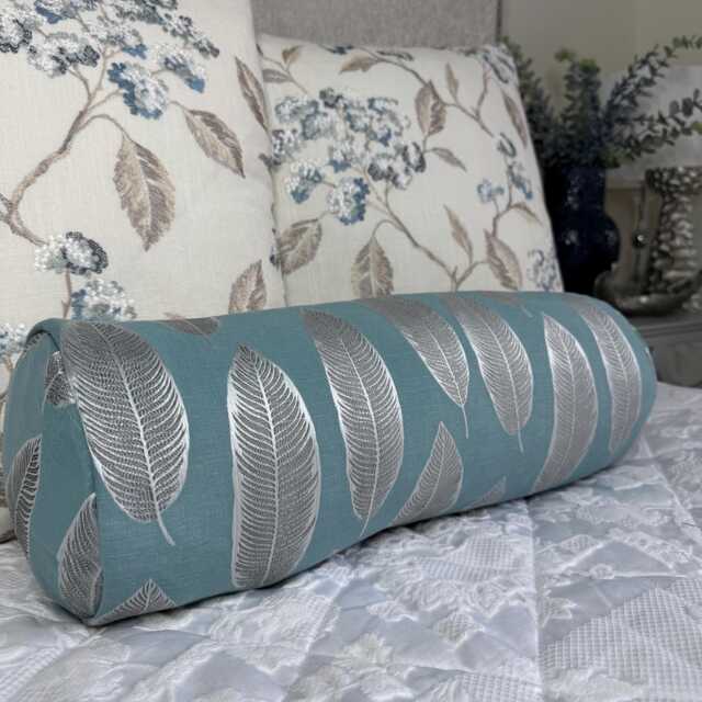 Teal Silver Leaf Bolster Cushion 16x6 Prestigious Textiles Fabric Embroidered Pillow For Sofa Or Bed Handmade Cylinder - image 1