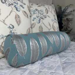 Teal Silver Leaf Bolster Cushion 16x6 Prestigious Textiles Fabric Embroidered Pillow For Sofa Or Bed Handmade Cylinder - thumbnail 4