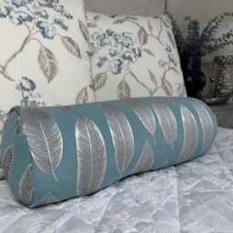 Teal Silver Leaf Bolster Cushion 16x6 Prestigious Textiles Fabric Embroidered Pillow For Sofa Or Bed Handmade Cylinder