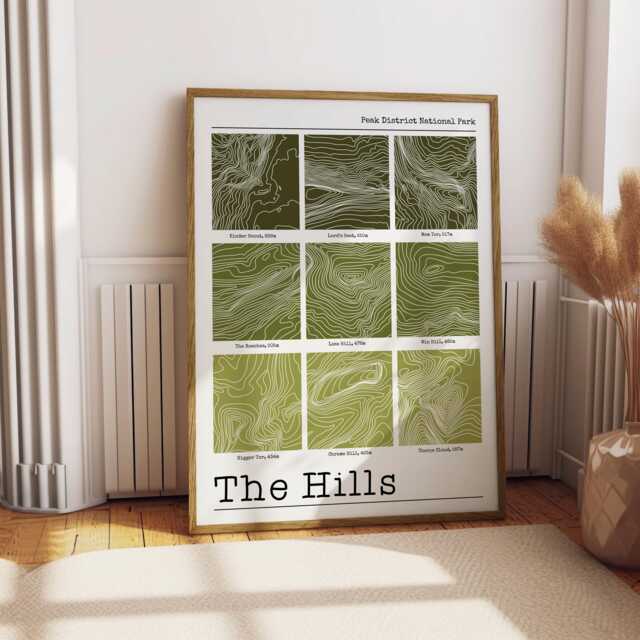 Peak District Hills Print Hand-Illustrated Contour Art, Mountain Wall Print - image 1